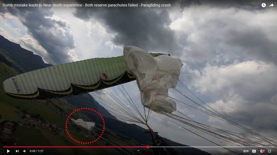Reserve deployment showing slow opening with leading edge folded, causing tangling in lines