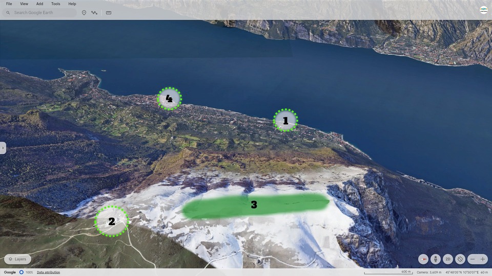 Take-off area map showing landing zone at 90m AMSL, gondola ski lift arrival point, take-off meadow at 1750 AMSL, and Malcesine town location
